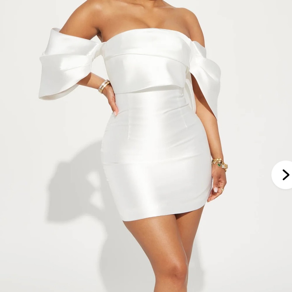 Off-Shoulder Allison Taffeta White Satin Mini Dress Bridal Bachelorette Wedding